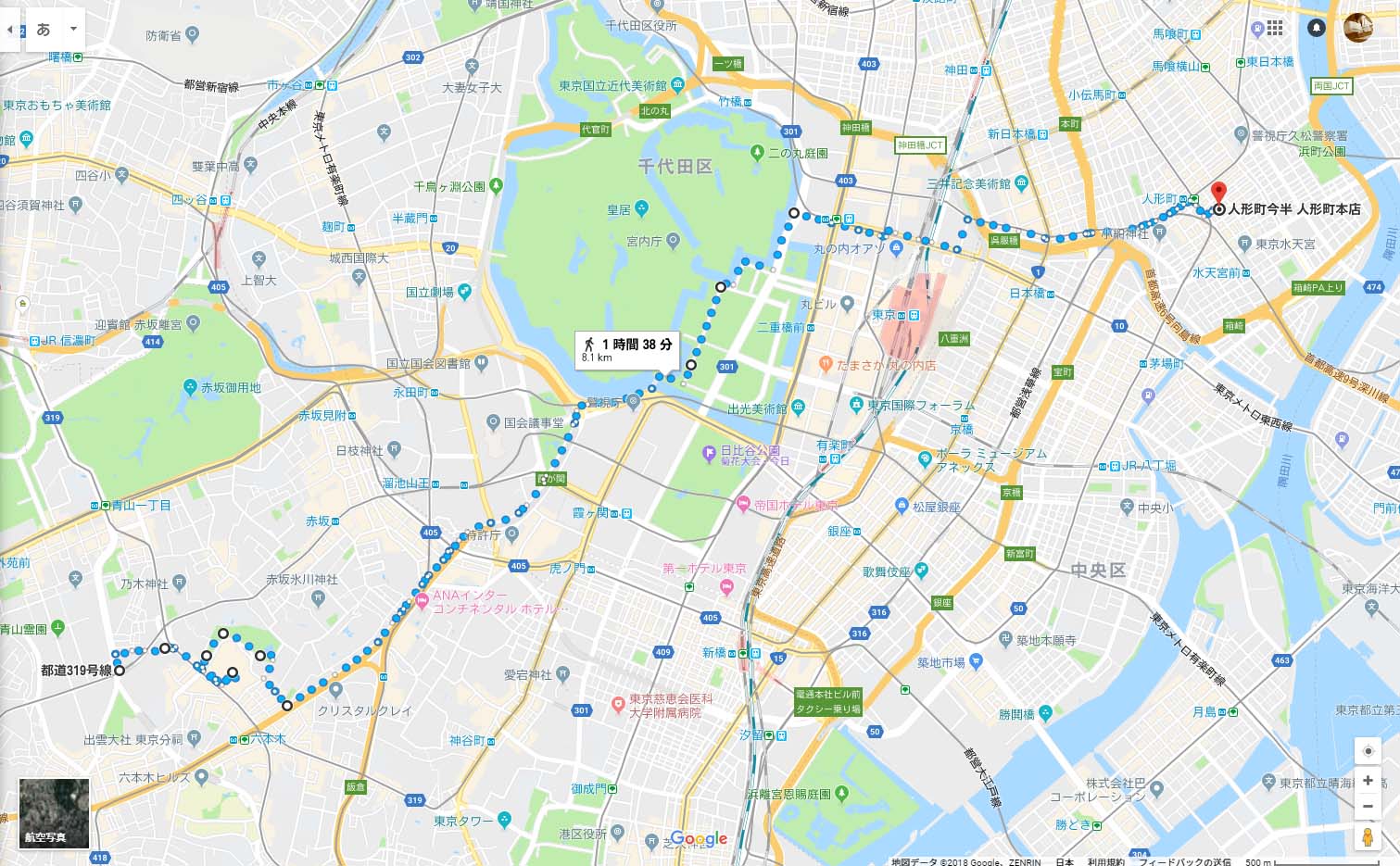 乃木坂から六本木を通り、国会議事堂前、皇居と歩き人形町まで